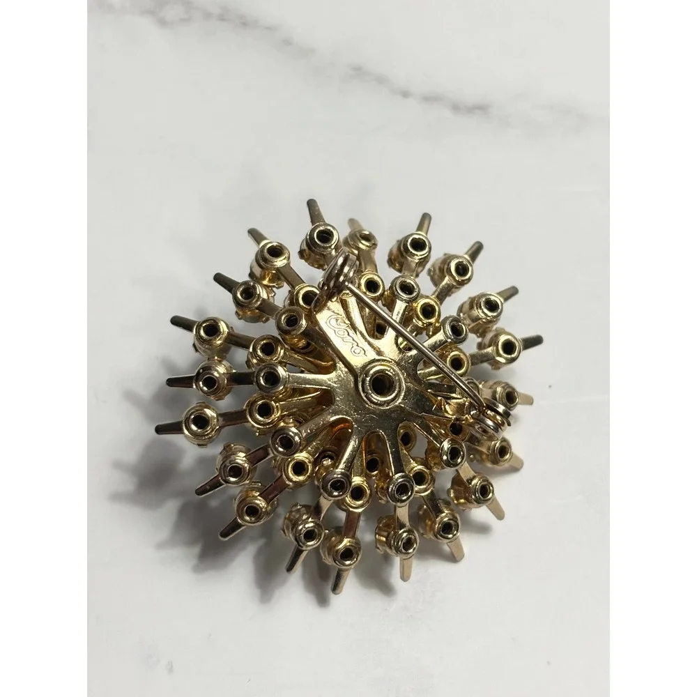 Vintage Coro Blue Rhinestone Starburst Brooch Gold Tone Sunburst Pin Teal Aqua